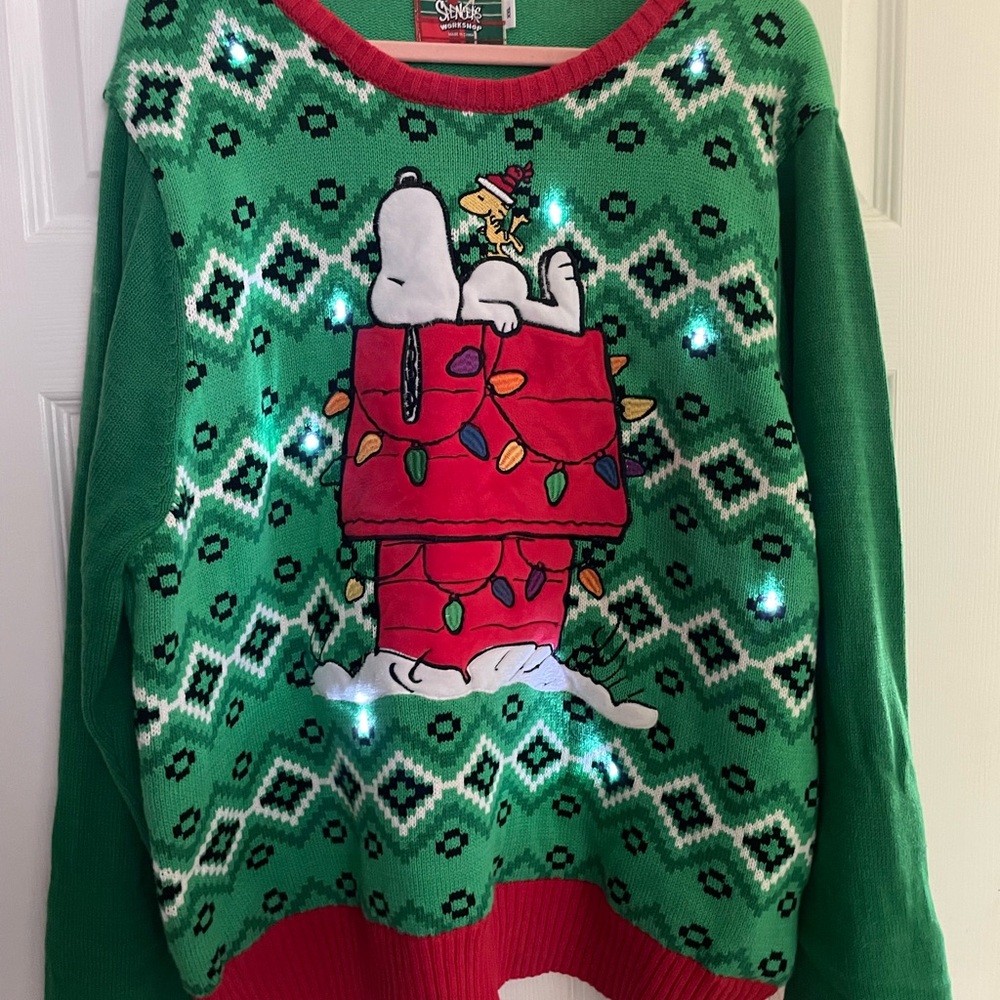 Musical Peanuts Green and Red Snoopy Holiday Sweater with lights music